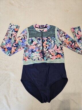 Athleta Girl Long Sleeve One Piece Swimsuit Rashguard Floral Navy Sz XL 14 Euc